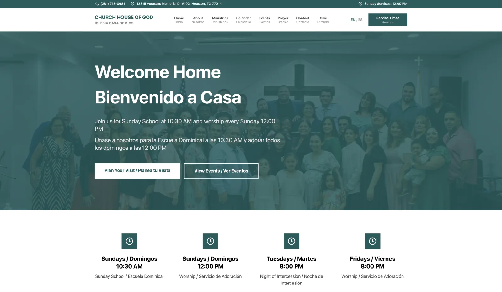Homepage of the Iglesia Pentecostal Casa de Dios church website, a custom Next.js site designed and built by Enoch Studio